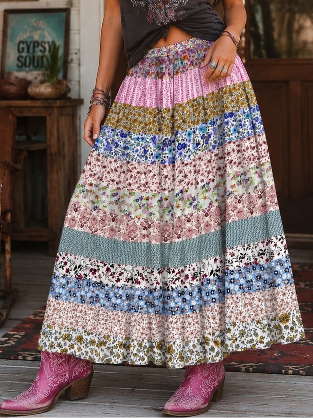 🌸 NWOT | JADED Gypsy | Patchwork Boho Maxi Skirt | Festival Western | Free Size